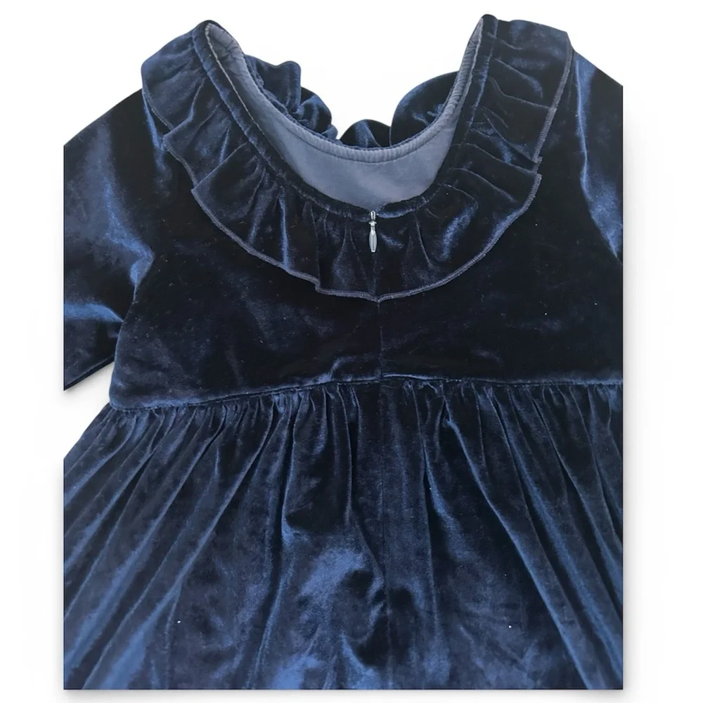 Pink Chicken Rich Navy Velvet Party Occasion Dress w Ruffle Collar- 5 T Girl
